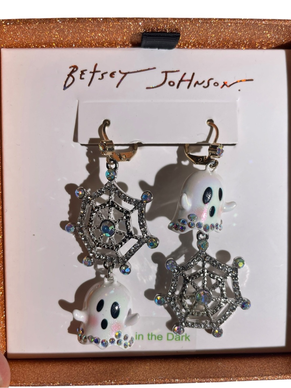 Betsey Johnson Halloween Just Treats Ghost & Spider Web Mismatch Drop Earrings